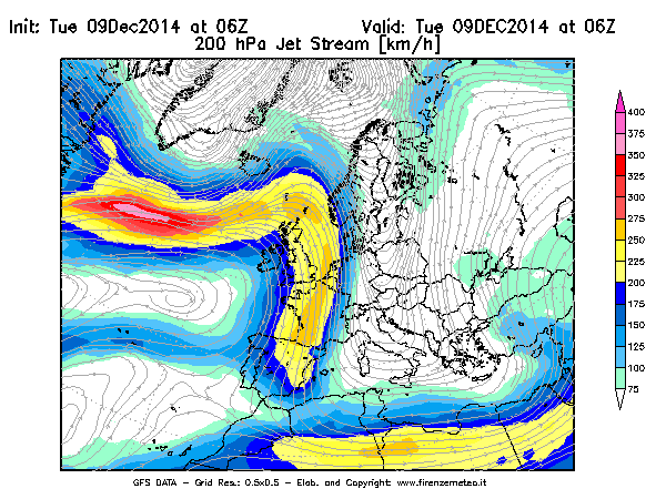 Mappa di analisi GFS - Jet Stream a 200 hPa in Europa
							del 09/12/2014 06 <!--googleoff: index-->UTC<!--googleon: index-->