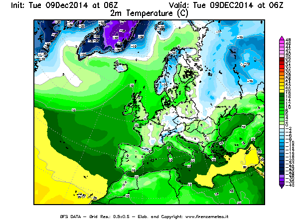 Mappa di analisi GFS - Temperatura a 2 metri dal suolo [°C] in Europa
							del 09/12/2014 06 <!--googleoff: index-->UTC<!--googleon: index-->