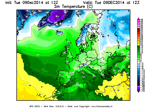 Mappa di analisi GFS - Temperatura a 2 metri dal suolo [°C] in Europa
							del 09/12/2014 12 <!--googleoff: index-->UTC<!--googleon: index-->