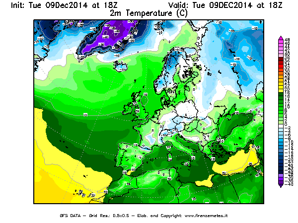 Mappa di analisi GFS - Temperatura a 2 metri dal suolo [°C] in Europa
							del 09/12/2014 18 <!--googleoff: index-->UTC<!--googleon: index-->