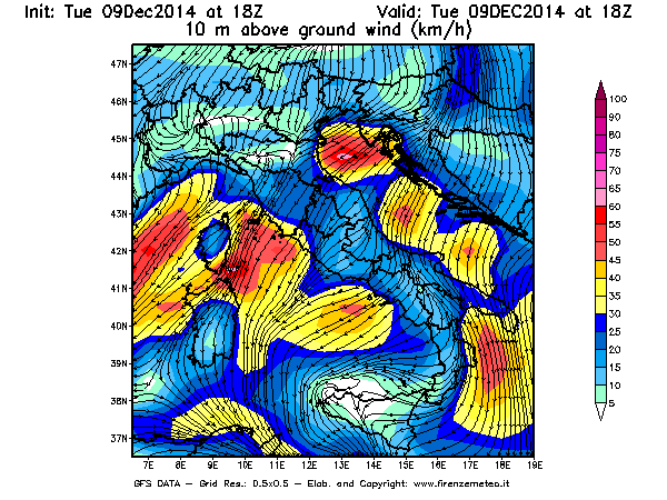 Mappa di analisi GFS - Velocità del vento a 10 metri dal suolo [km/h] in Italia
							del 09/12/2014 18 <!--googleoff: index-->UTC<!--googleon: index-->