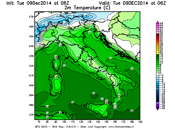 Mappa di analisi GFS - Temperatura a 2 metri dal suolo [°C] in Italia
							del 09/12/2014 06 <!--googleoff: index-->UTC<!--googleon: index-->