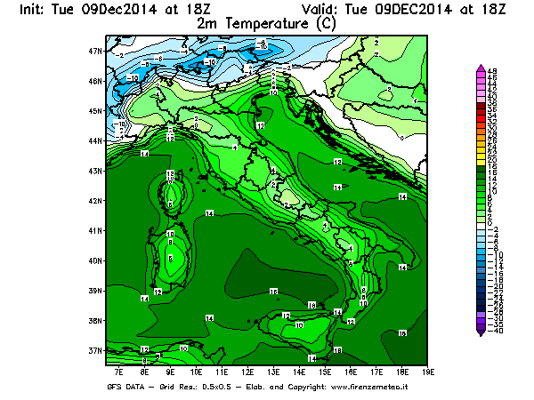 Mappa di analisi GFS - Temperatura a 2 metri dal suolo [°C] in Italia
							del 09/12/2014 18 <!--googleoff: index-->UTC<!--googleon: index-->