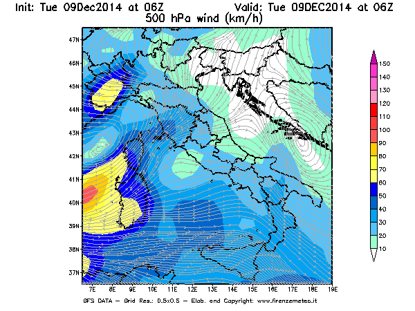 Mappa di analisi GFS - Velocità del vento a 500 hPa [km/h] in Italia
							del 09/12/2014 06 <!--googleoff: index-->UTC<!--googleon: index-->