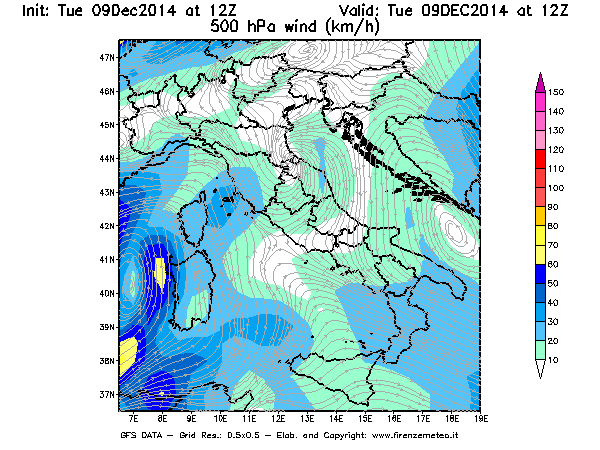 Mappa di analisi GFS - Velocità del vento a 500 hPa [km/h] in Italia
							del 09/12/2014 12 <!--googleoff: index-->UTC<!--googleon: index-->