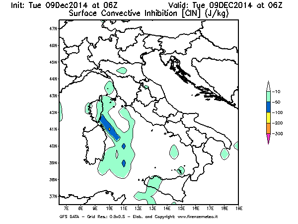 Mappa di analisi GFS - CIN [J/kg] in Italia
							del 09/12/2014 06 <!--googleoff: index-->UTC<!--googleon: index-->