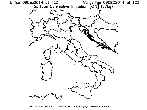 Mappa di analisi GFS - CIN [J/kg] in Italia
							del 09/12/2014 12 <!--googleoff: index-->UTC<!--googleon: index-->