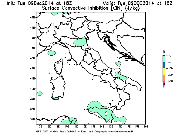 Mappa di analisi GFS - CIN [J/kg] in Italia
							del 09/12/2014 18 <!--googleoff: index-->UTC<!--googleon: index-->