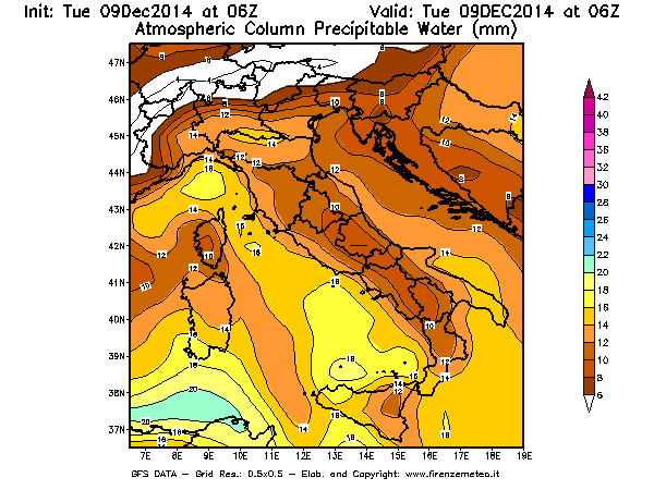 Mappa di analisi GFS - Precipitable Water [mm] in Italia
							del 09/12/2014 06 <!--googleoff: index-->UTC<!--googleon: index-->