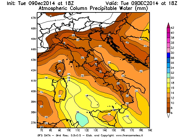 Mappa di analisi GFS - Precipitable Water [mm] in Italia
							del 09/12/2014 18 <!--googleoff: index-->UTC<!--googleon: index-->