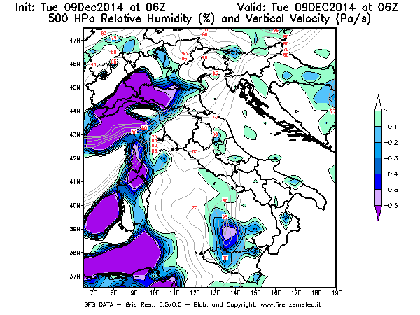 Mappa di analisi GFS - Umidità relativa [%] e Omega [Pa/s] a 500 hPa in Italia
							del 09/12/2014 06 <!--googleoff: index-->UTC<!--googleon: index-->
