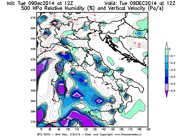 Mappa di analisi GFS - Umidità relativa [%] e Omega [Pa/s] a 500 hPa in Italia
							del 09/12/2014 12 <!--googleoff: index-->UTC<!--googleon: index-->