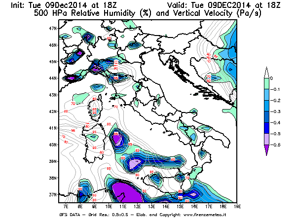 Mappa di analisi GFS - Umidità relativa [%] e Omega [Pa/s] a 500 hPa in Italia
							del 09/12/2014 18 <!--googleoff: index-->UTC<!--googleon: index-->