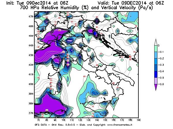 Mappa di analisi GFS - Umidità relativa [%] e Omega [Pa/s] a 700 hPa in Italia
							del 09/12/2014 06 <!--googleoff: index-->UTC<!--googleon: index-->