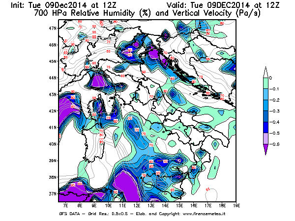 Mappa di analisi GFS - Umidità relativa [%] e Omega [Pa/s] a 700 hPa in Italia
							del 09/12/2014 12 <!--googleoff: index-->UTC<!--googleon: index-->