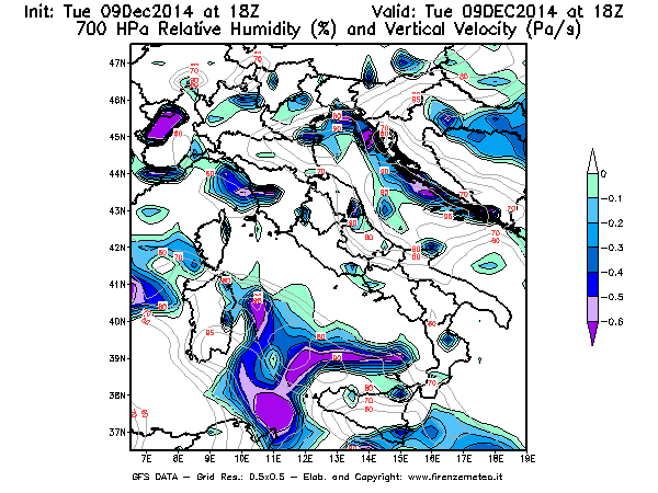 Mappa di analisi GFS - Umidità relativa [%] e Omega [Pa/s] a 700 hPa in Italia
							del 09/12/2014 18 <!--googleoff: index-->UTC<!--googleon: index-->