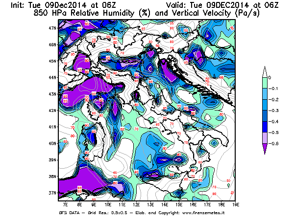 Mappa di analisi GFS - Umidità relativa [%] e Omega [Pa/s] a 850 hPa in Italia
							del 09/12/2014 06 <!--googleoff: index-->UTC<!--googleon: index-->