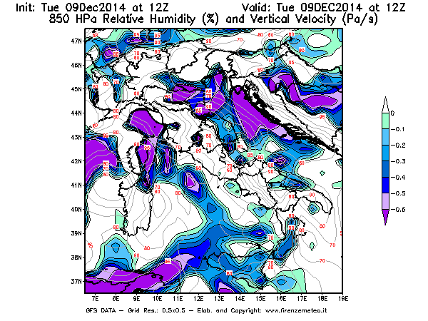 Mappa di analisi GFS - Umidità relativa [%] e Omega [Pa/s] a 850 hPa in Italia
							del 09/12/2014 12 <!--googleoff: index-->UTC<!--googleon: index-->