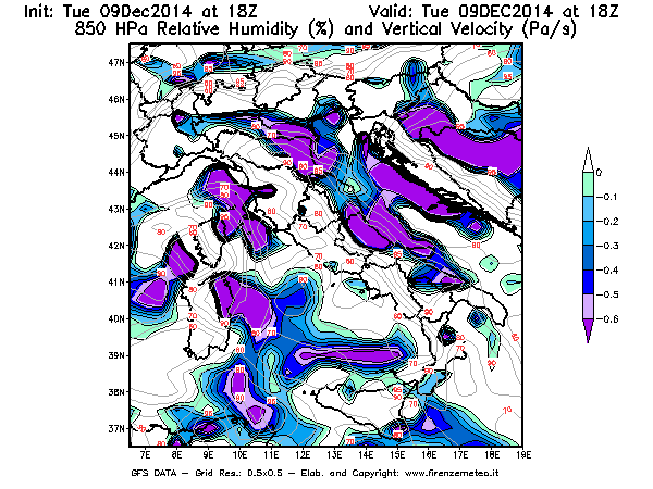 Mappa di analisi GFS - Umidità relativa [%] e Omega [Pa/s] a 850 hPa in Italia
							del 09/12/2014 18 <!--googleoff: index-->UTC<!--googleon: index-->