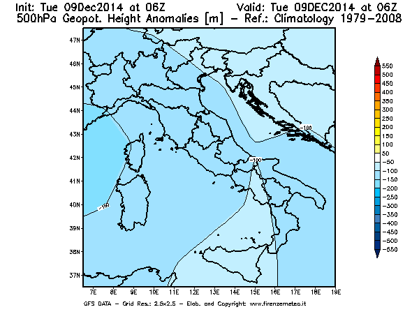 Mappa di analisi GFS - Anomalia di Geopotenziale a 500 hPa in Italia
							del 09/12/2014 06 <!--googleoff: index-->UTC<!--googleon: index-->