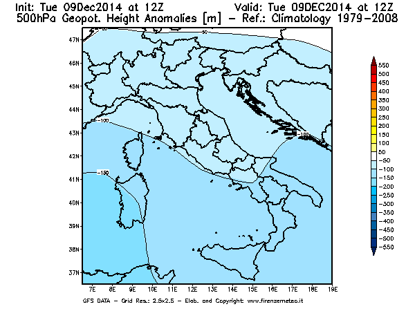 Mappa di analisi GFS - Anomalia di Geopotenziale a 500 hPa in Italia
							del 09/12/2014 12 <!--googleoff: index-->UTC<!--googleon: index-->