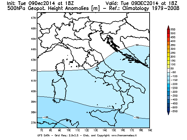 Mappa di analisi GFS - Anomalia di Geopotenziale a 500 hPa in Italia
							del 09/12/2014 18 <!--googleoff: index-->UTC<!--googleon: index-->