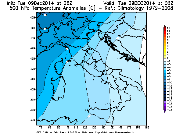 Mappa di analisi GFS - Anomalia Temperatura [°C] a 500 hPa in Italia
							del 09/12/2014 06 <!--googleoff: index-->UTC<!--googleon: index-->