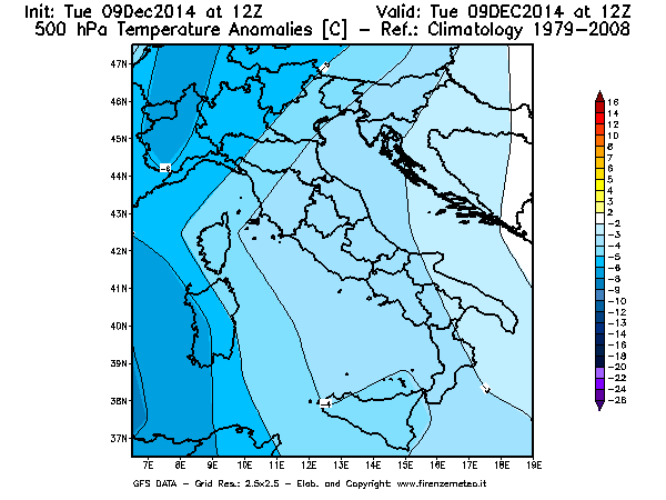 Mappa di analisi GFS - Anomalia Temperatura [°C] a 500 hPa in Italia
							del 09/12/2014 12 <!--googleoff: index-->UTC<!--googleon: index-->