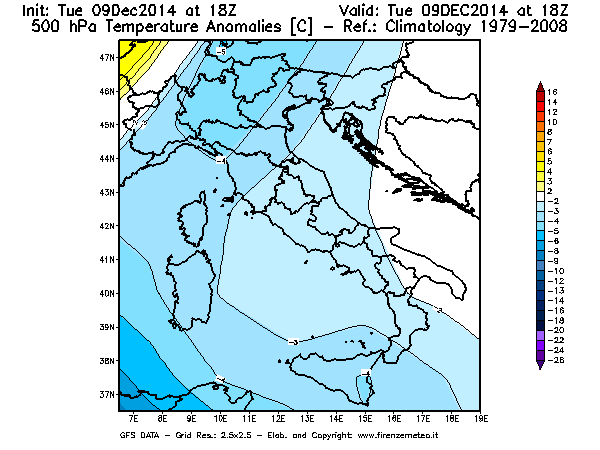 Mappa di analisi GFS - Anomalia Temperatura [°C] a 500 hPa in Italia
							del 09/12/2014 18 <!--googleoff: index-->UTC<!--googleon: index-->