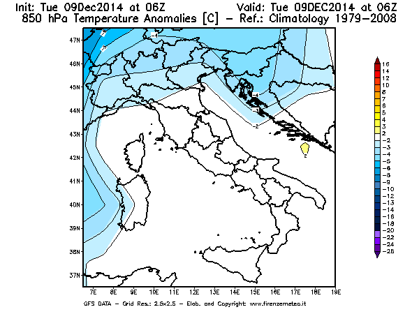 Mappa di analisi GFS - Anomalia Temperatura [°C] a 850 hPa in Italia
							del 09/12/2014 06 <!--googleoff: index-->UTC<!--googleon: index-->