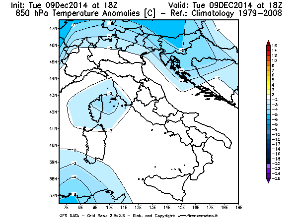 Mappa di analisi GFS - Anomalia Temperatura [°C] a 850 hPa in Italia
							del 09/12/2014 18 <!--googleoff: index-->UTC<!--googleon: index-->