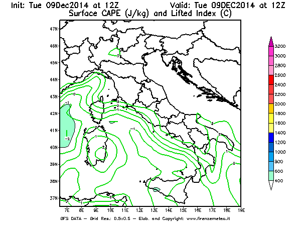 Mappa di analisi GFS - CAPE [J/kg] e Lifted Index [°C] in Italia
							del 09/12/2014 12 <!--googleoff: index-->UTC<!--googleon: index-->