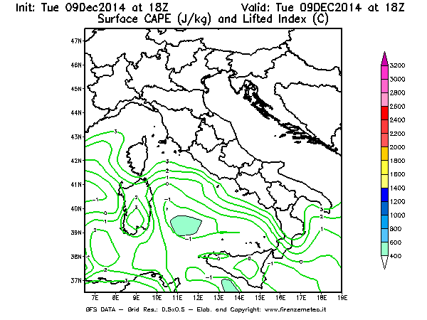 Mappa di analisi GFS - CAPE [J/kg] e Lifted Index [°C] in Italia
							del 09/12/2014 18 <!--googleoff: index-->UTC<!--googleon: index-->