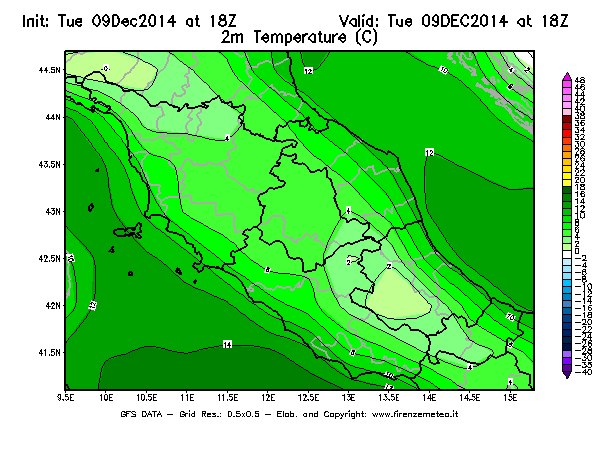 Mappa di analisi GFS - Temperatura a 2 metri dal suolo [°C] in Centro-Italia
							del 09/12/2014 18 <!--googleoff: index-->UTC<!--googleon: index-->