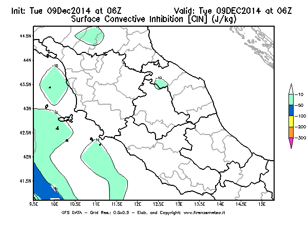 Mappa di analisi GFS - CIN [J/kg] in Centro-Italia
							del 09/12/2014 06 <!--googleoff: index-->UTC<!--googleon: index-->