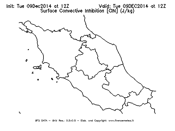 Mappa di analisi GFS - CIN [J/kg] in Centro-Italia
							del 09/12/2014 12 <!--googleoff: index-->UTC<!--googleon: index-->