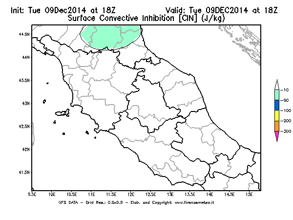 Mappa di analisi GFS - CIN [J/kg] in Centro-Italia
							del 09/12/2014 18 <!--googleoff: index-->UTC<!--googleon: index-->