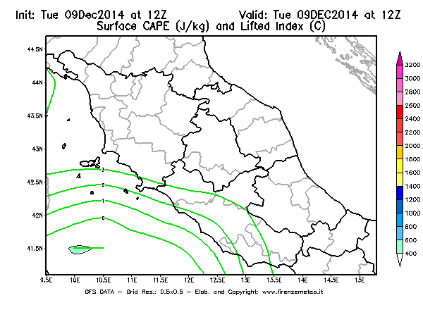 Mappa di analisi GFS - CAPE [J/kg] e Lifted Index [°C] in Centro-Italia
							del 09/12/2014 12 <!--googleoff: index-->UTC<!--googleon: index-->