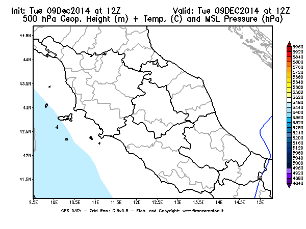Mappa di analisi GFS - Geopotenziale [m] + Temp. [°C] a 500 hPa + Press. a livello del mare [hPa] in Centro-Italia
							del 09/12/2014 12 <!--googleoff: index-->UTC<!--googleon: index-->