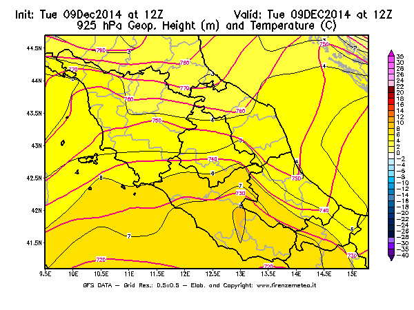 Mappa di analisi GFS - Geopotenziale [m] e Temperatura [°C] a 925 hPa in Centro-Italia
							del 09/12/2014 12 <!--googleoff: index-->UTC<!--googleon: index-->