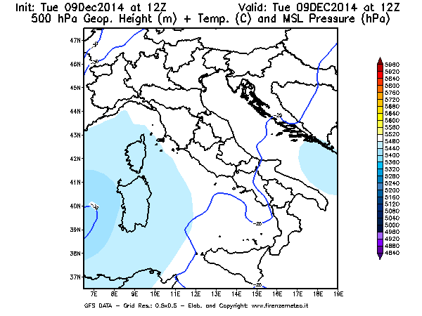 Mappa di analisi GFS - Geopotenziale [m] + Temp. [°C] a 500 hPa + Press. a livello del mare [hPa] in Italia
							del 09/12/2014 12 <!--googleoff: index-->UTC<!--googleon: index-->