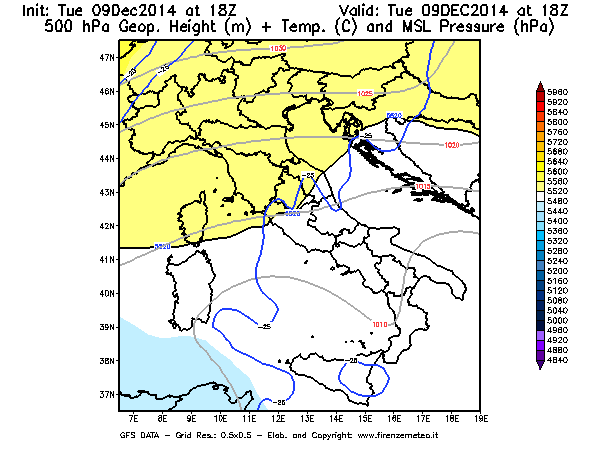 Mappa di analisi GFS - Geopotenziale [m] + Temp. [°C] a 500 hPa + Press. a livello del mare [hPa] in Italia
							del 09/12/2014 18 <!--googleoff: index-->UTC<!--googleon: index-->