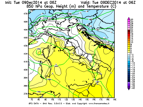 Mappa di analisi GFS - Geopotenziale [m] e Temperatura [°C] a 850 hPa in Italia
							del 09/12/2014 06 <!--googleoff: index-->UTC<!--googleon: index-->