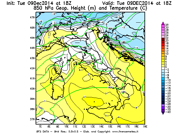 Mappa di analisi GFS - Geopotenziale [m] e Temperatura [°C] a 850 hPa in Italia
							del 09/12/2014 18 <!--googleoff: index-->UTC<!--googleon: index-->