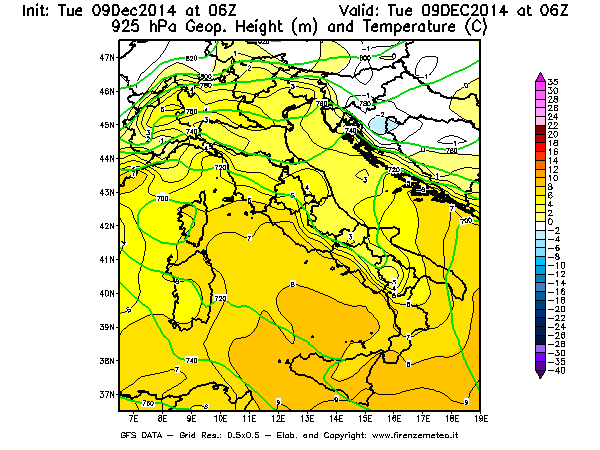 Mappa di analisi GFS - Geopotenziale [m] e Temperatura [°C] a 925 hPa in Italia
							del 09/12/2014 06 <!--googleoff: index-->UTC<!--googleon: index-->