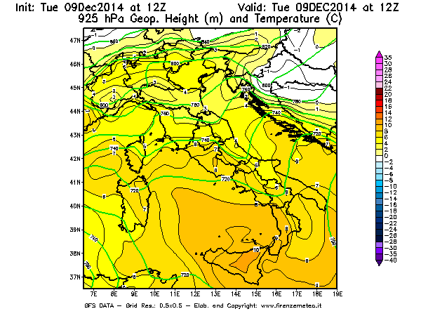 Mappa di analisi GFS - Geopotenziale [m] e Temperatura [°C] a 925 hPa in Italia
							del 09/12/2014 12 <!--googleoff: index-->UTC<!--googleon: index-->