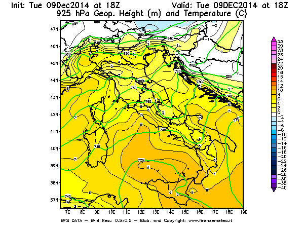 Mappa di analisi GFS - Geopotenziale [m] e Temperatura [°C] a 925 hPa in Italia
							del 09/12/2014 18 <!--googleoff: index-->UTC<!--googleon: index-->
