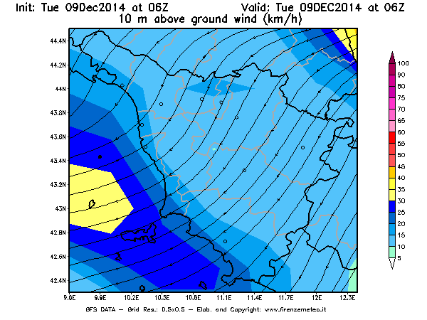 Mappa di analisi GFS - Velocità del vento a 10 metri dal suolo [km/h] in Toscana
							del 09/12/2014 06 <!--googleoff: index-->UTC<!--googleon: index-->