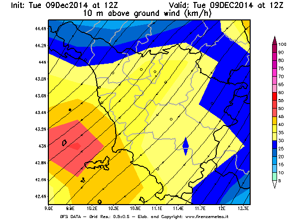 Mappa di analisi GFS - Velocità del vento a 10 metri dal suolo [km/h] in Toscana
							del 09/12/2014 12 <!--googleoff: index-->UTC<!--googleon: index-->