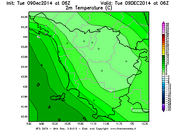 Mappa di analisi GFS - Temperatura a 2 metri dal suolo [°C] in Toscana
							del 09/12/2014 06 <!--googleoff: index-->UTC<!--googleon: index-->